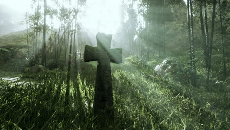 stone cross in a sunlit ancient forest