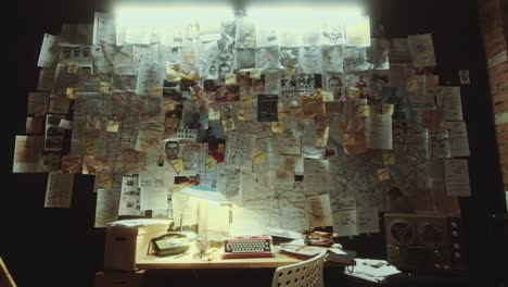 police officer workplace under large evidence board on the wall