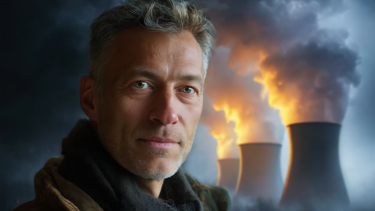A Thoughtful Man Against a Backdrop of Emission Towers and Smoke, Reflecting on Environmental Impact and Energy Production, With a Focused Expression That Speaks Volumes About Modern Challenges