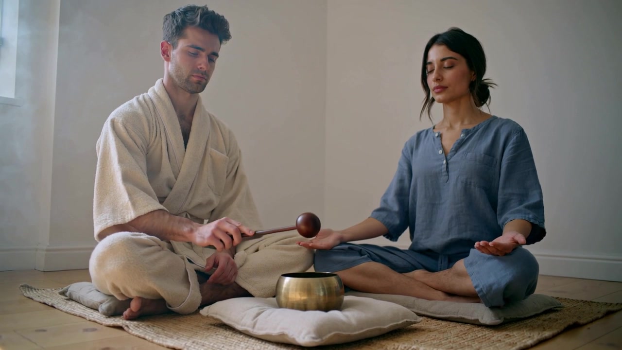 Uomo a sinistra in vestaglia color crema che muove un martelletto attorno a una ciotola tibetana di ottone a casa, favorendo la meditazione