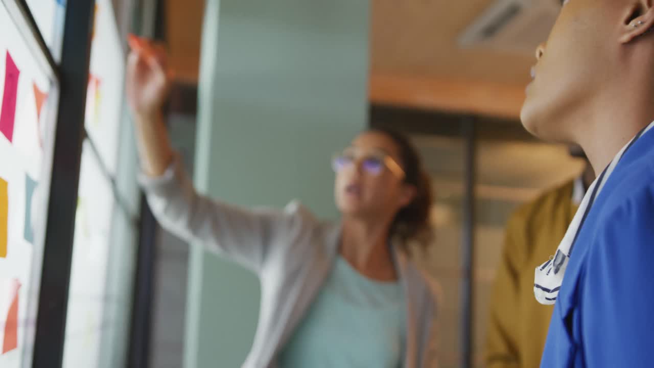 diversos colegas creativos masculinos y femeninos escribiendo en notas de memoria, lluvia de ideas en la pared de vidrio