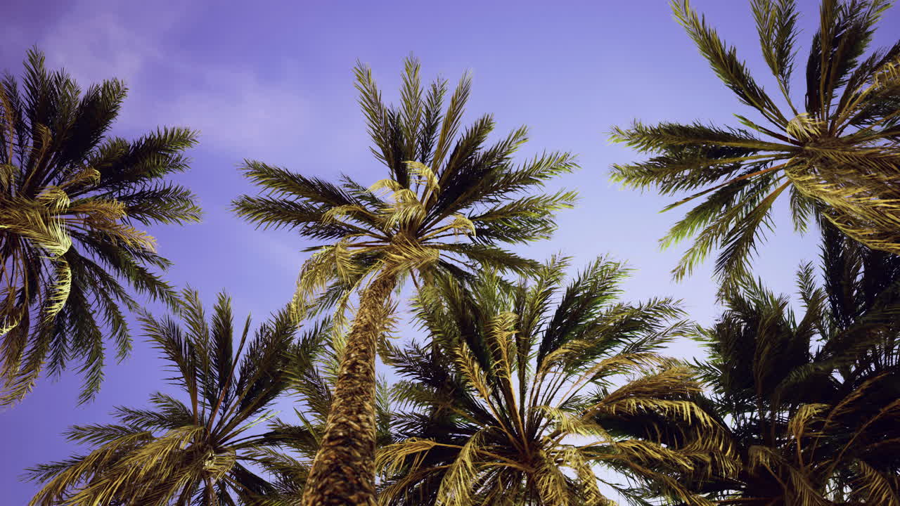 Tall palm trees reach towards the bright blue sky over a tropical landscape