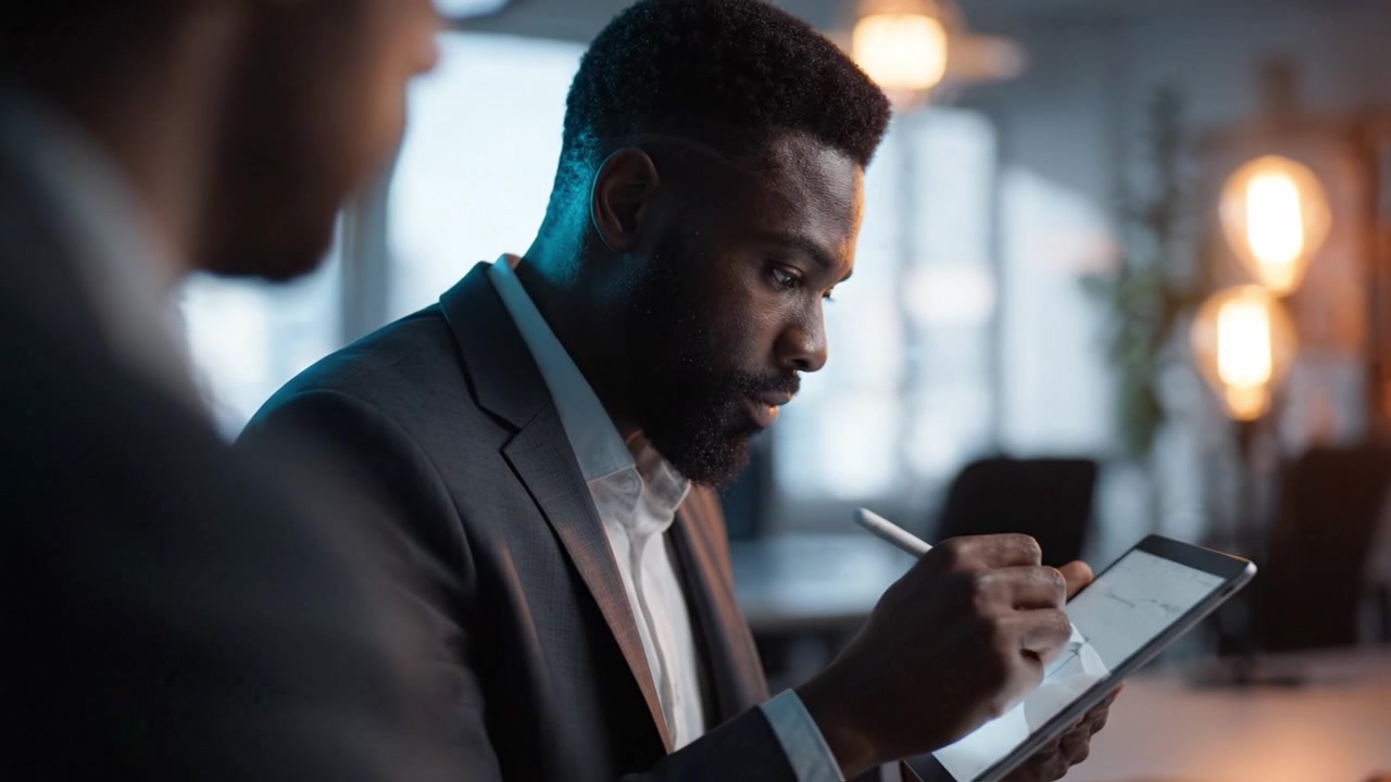 Focused Professional Using Tablet for Work in Modern Office Environment, Engaged in Note-Taking and Digital Communication with Colleague Nearby