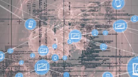 animation of network of connections and data processing over covid cells on white background