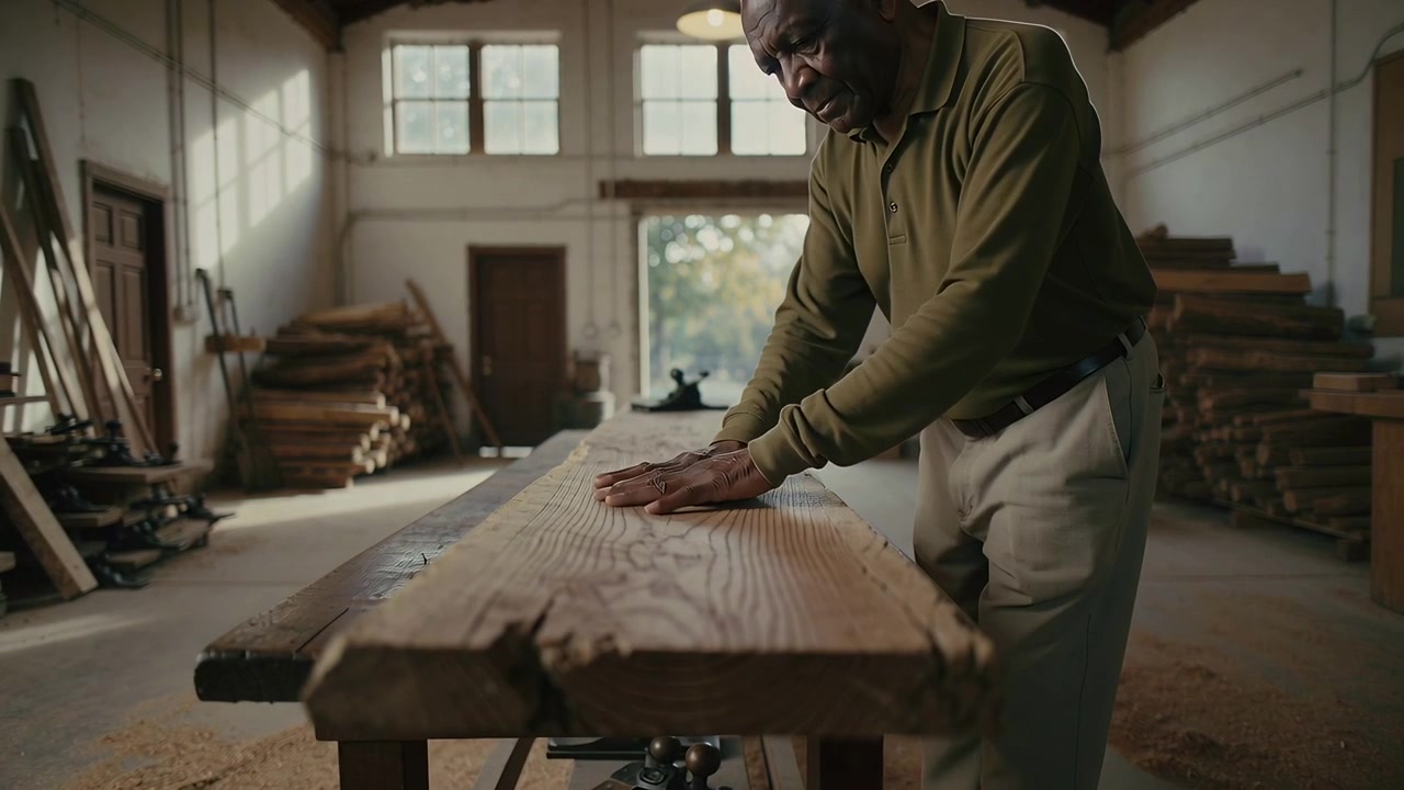 Spotting rough plank, carpenter wearing olive polo and khakis feeling grain in shop checking knots