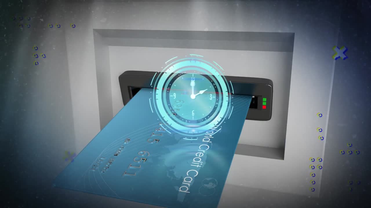 animación de reloj y formas digitales sobre tarjeta bancaria en cajeros automáticos