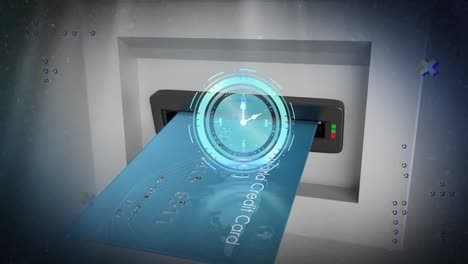 Animation-Von-Uhr-Und-Digitalen-Formen-über-Bankkarte-In-Geldautomaten