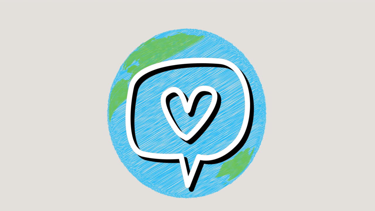 회색 배경 에 있는 지구 위 에 있는 말 속 의 심장 거품 의 애니메이션