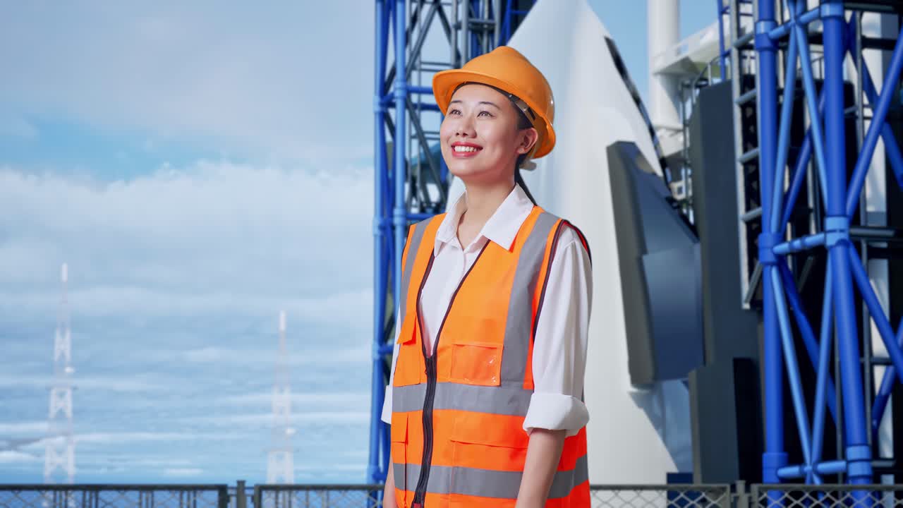 우주왕복선과 함께 서 있는 동안 안전 헬을 착용 한 아시아 여성 엔지니어의 측면 시각