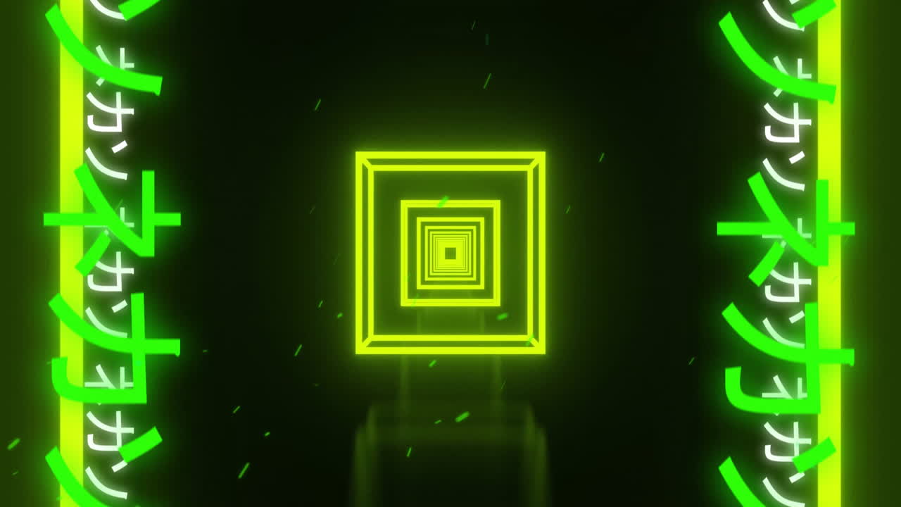 Neon squares receding into dark tunnel showing glowing Japanese text columns and drifting particles