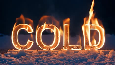 fire burns the word cold written in snow, creating a striking contrast during the night