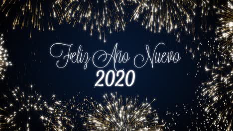 tarjeta postal social de feliz año nuevo 2020 con fuegos artificiales animados de oro en un elegante fondo negro y azul. celebración de bucle concepto de lenguaje español. animación bucleable para evento festivo de vacaciones