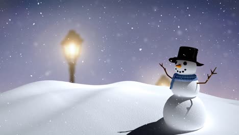 Animation-of-snow-falling-over-smiling-snowman-in-winter-scenery