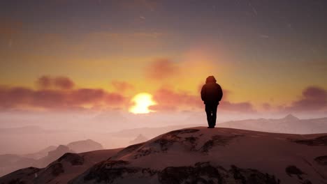 a person standing on top of a snow covered mountain with a sunset in the background. cold snowy landscape aerial view, unreal 4k a screenshot