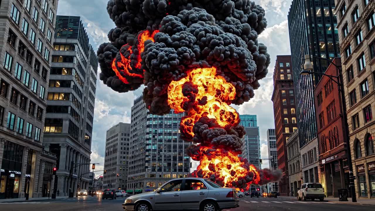 Ripresa drammatica a livello strada di un'esplosione infuocata in uno scenario urbano, che cattura uno stile video cinematografico.