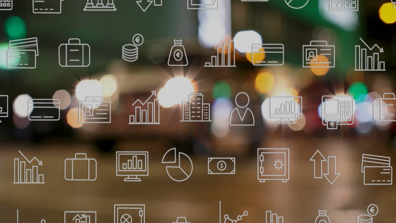 Animation of financial icons over city lights, symbolizing economic growth and activity