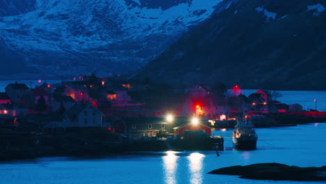 stunning cinematic telephoto shot of boats in reine, norway at dusk