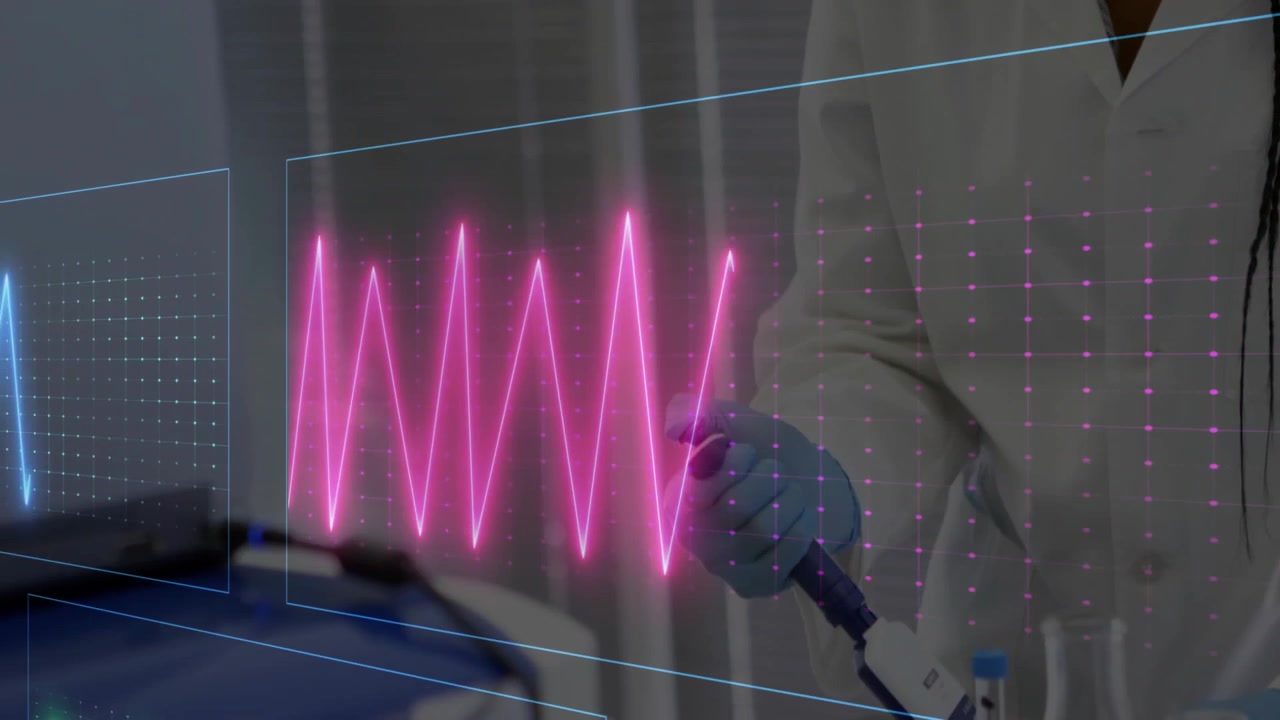 Female scientist pipetting, holographic ECG waveforms color-shifting in sync for health research