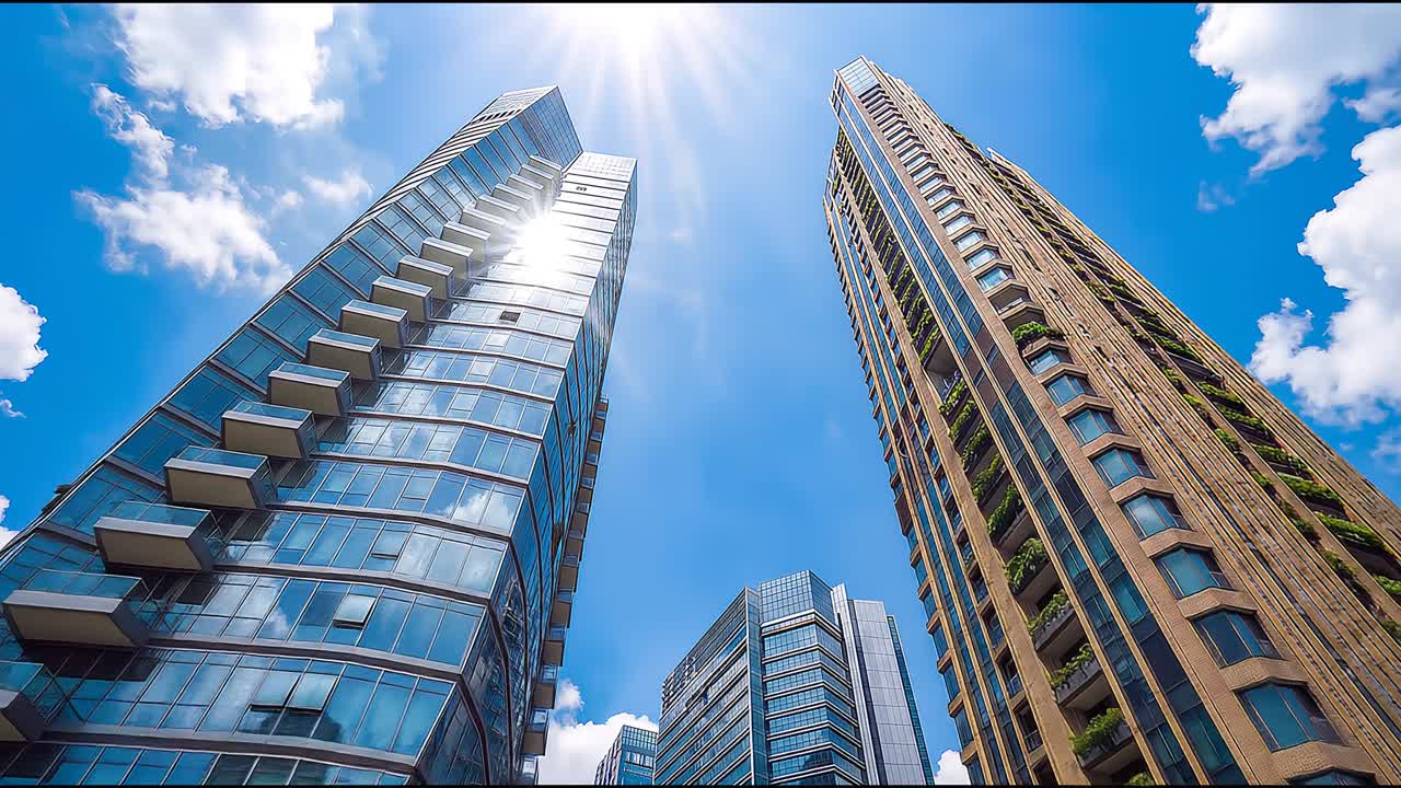 Grattacieli moderni con facciate in vetro sotto un cielo azzurro e soleggiato.