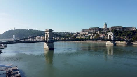 가리의 다뉴브 강을 가로지르는 체니 체인 브릿지와 유명한 부다 성 (buda castle) 을 드론으로 볼 수 있다.