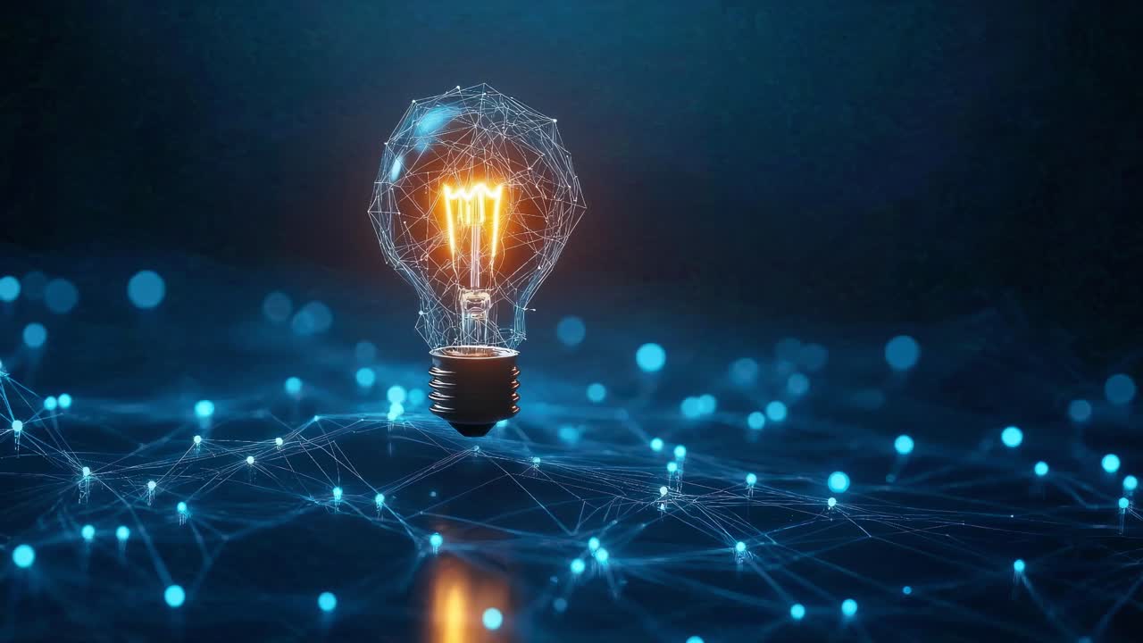 Futuristic video concept of a glowing light bulb floating over a digital network