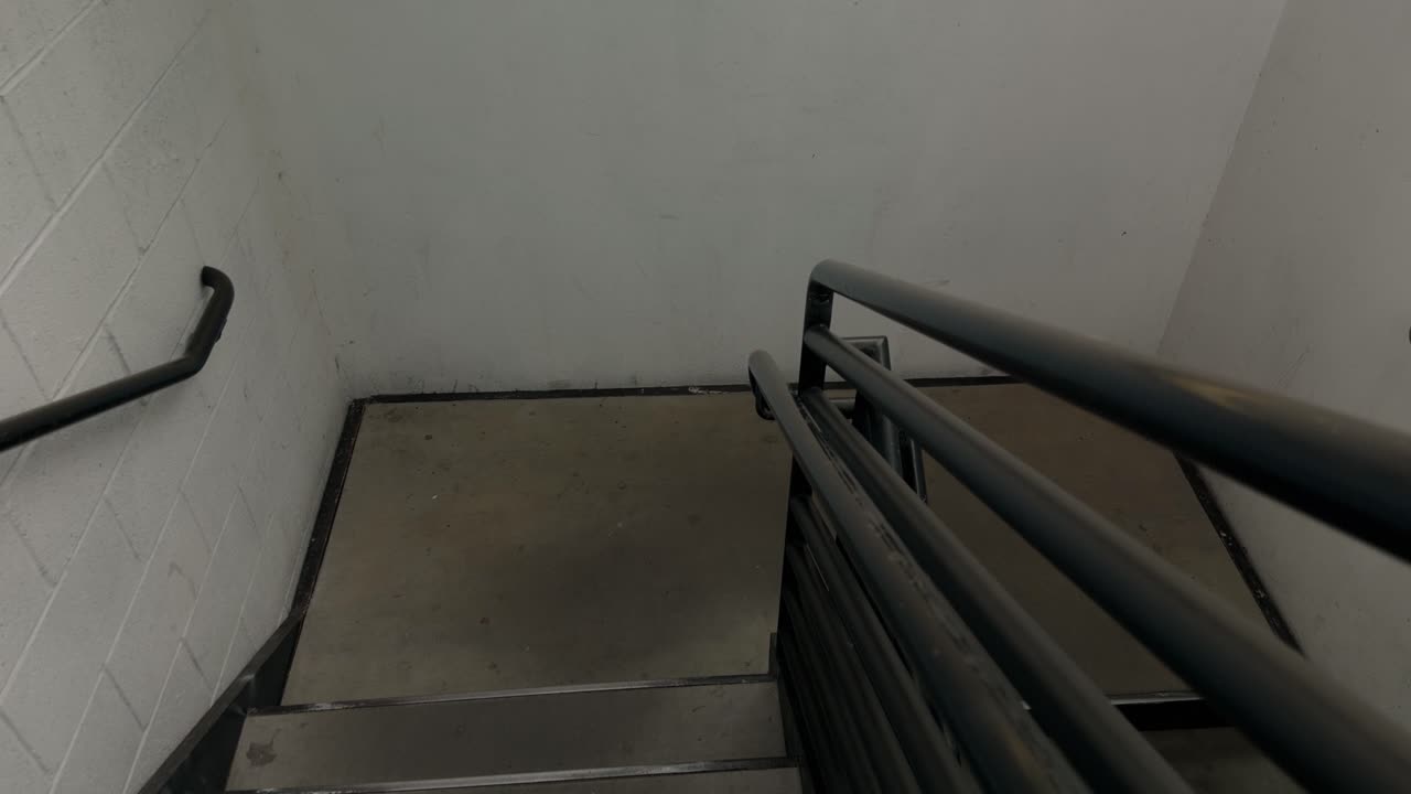 Slow motion point of view walk descending a concrete stairwell with focus on metal handrails