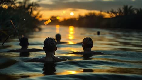 people swimming in a river at sunset