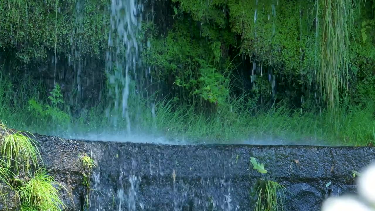 Small Waterfall Cascading Over Stone Ledge Into Lush Greenery