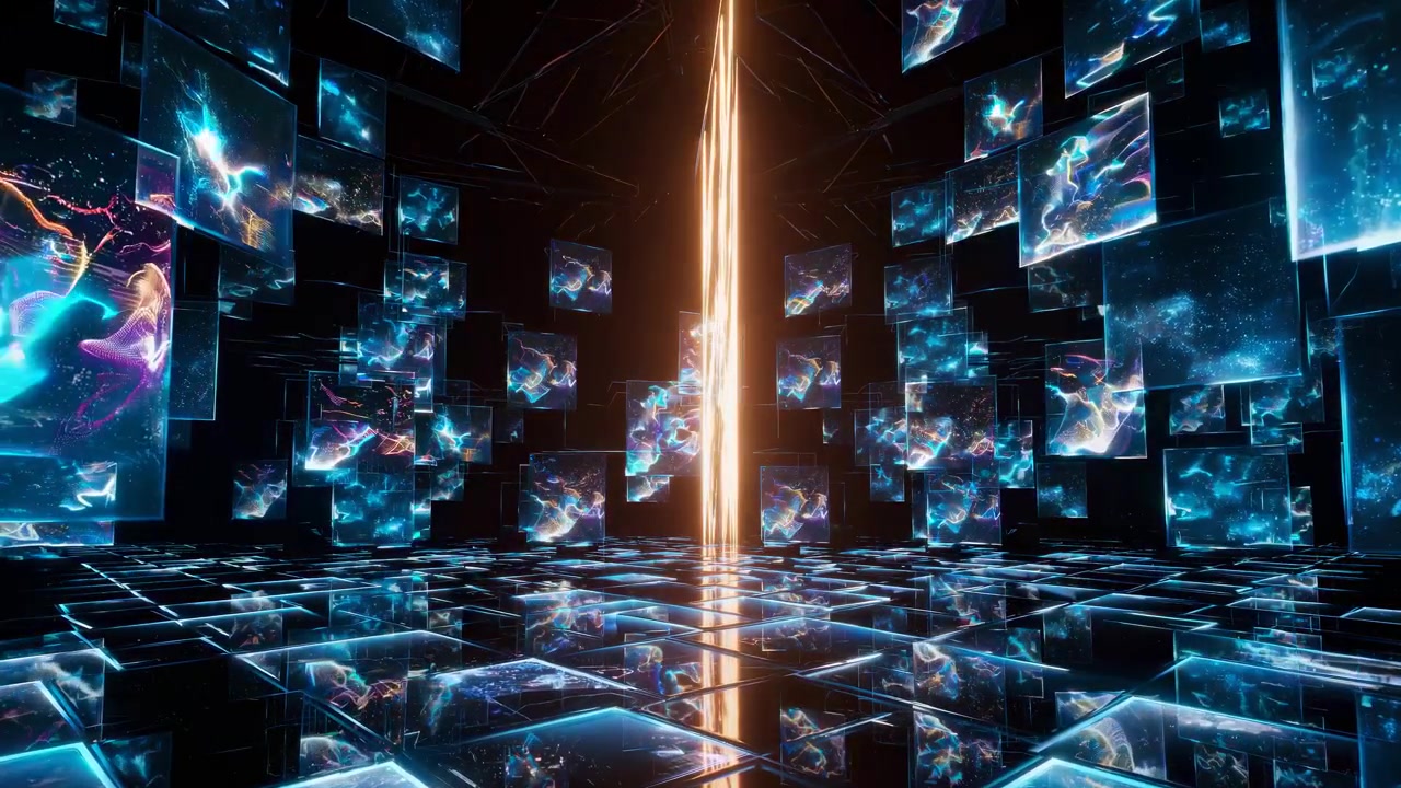 Spazio Digitale Astratto con Schermi Luminosi Fluttuanti e Fascio di Luce