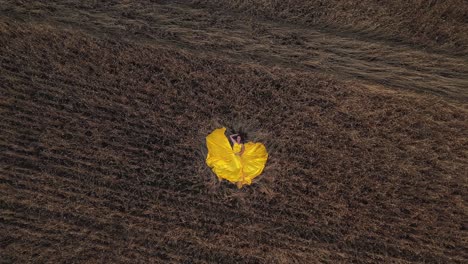 woman in a yellow dress in a wheat field