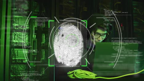 animation of biometric scanner processing fingerprint over asian male technician in server room