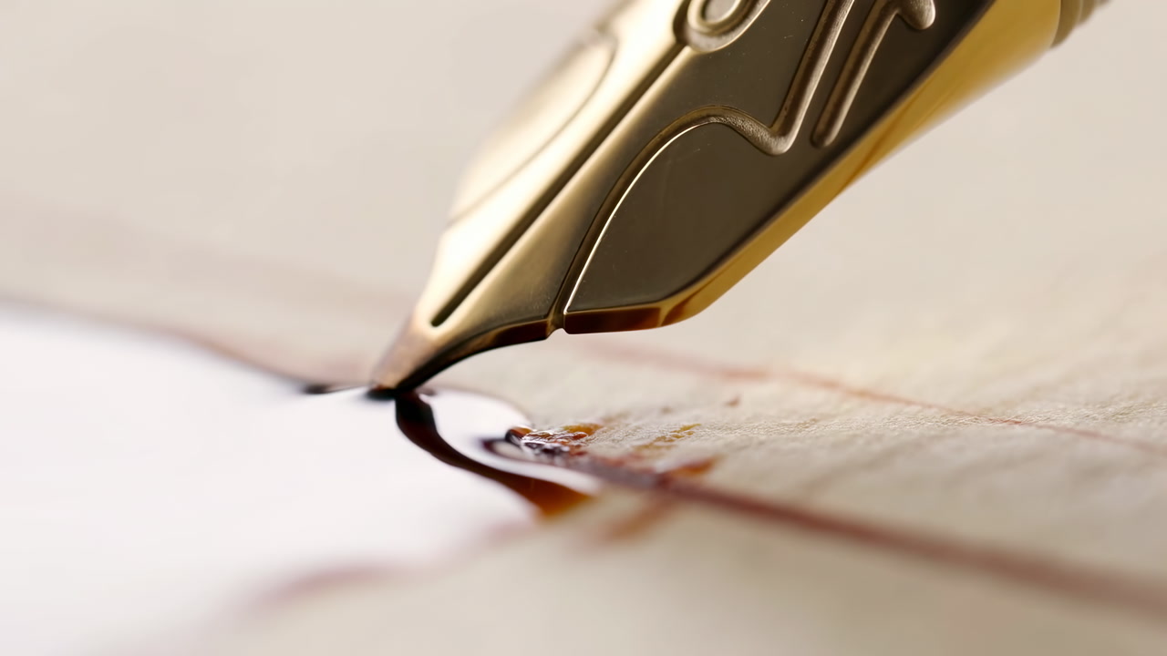 Closeup Golden Fountain Pen Nib Touches Paper, Dropping Glossy Black Ink That Pools Into Crisp Signature Line,