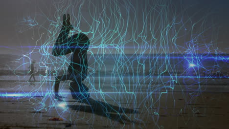 animación de líneas azules sobre mujer caucásica practicando yoga en la playa