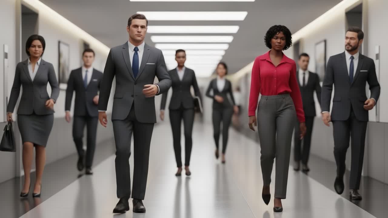 Diverse Group of Business Professionals Walking in an Office Hallway