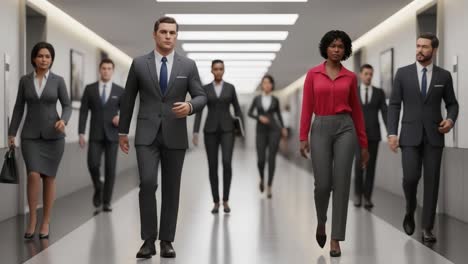 diverse group of business professionals walking in an office hallway