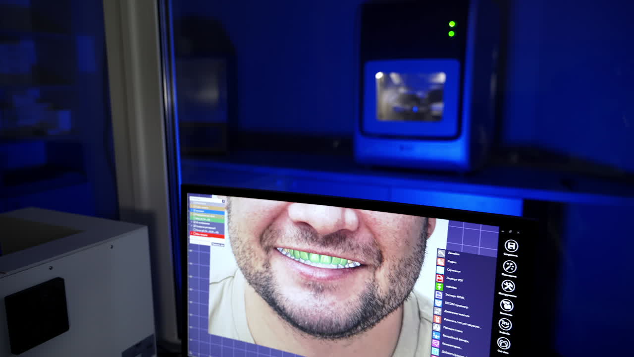Process of manufacturing dentures in dental lab. Dental technician looking at scan of prosthesis on computer screen