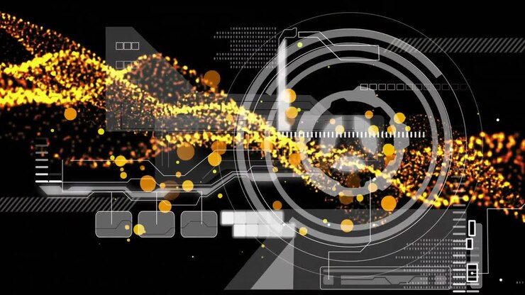 Animation of circular scanner and data processing on interface, over gold landscape, on black