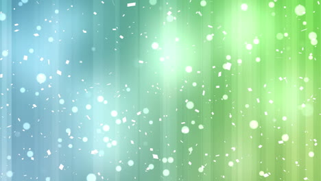 witte confetti en witte vlekken tegen een groene en blauwe gestreepte achtergrond