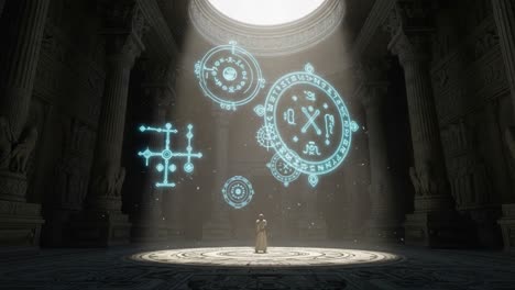 a mystical encounter: illuminated symbols and ancient wisdom emerge in an enchanted chamber of secrets under ethereal light