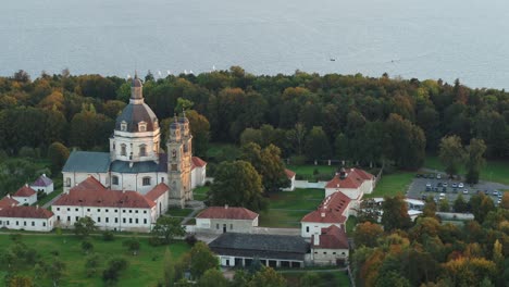 Drone-aerial-view-of-Pazaislis-monastery-in-Kaunas,-Lithuania