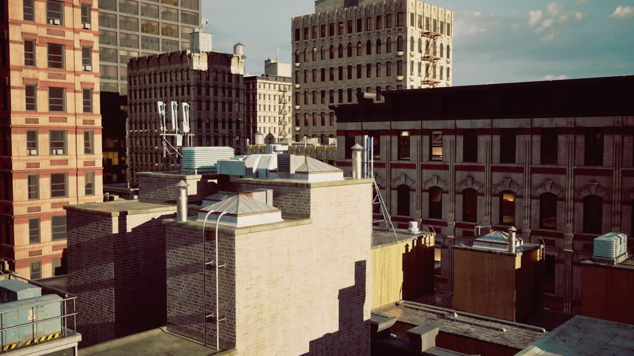 Urban rooftops showcasing architectural styles during golden hour