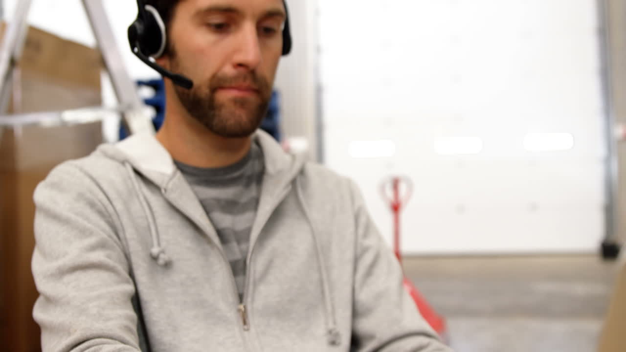 trabajador de almacén usando una computadora portátil