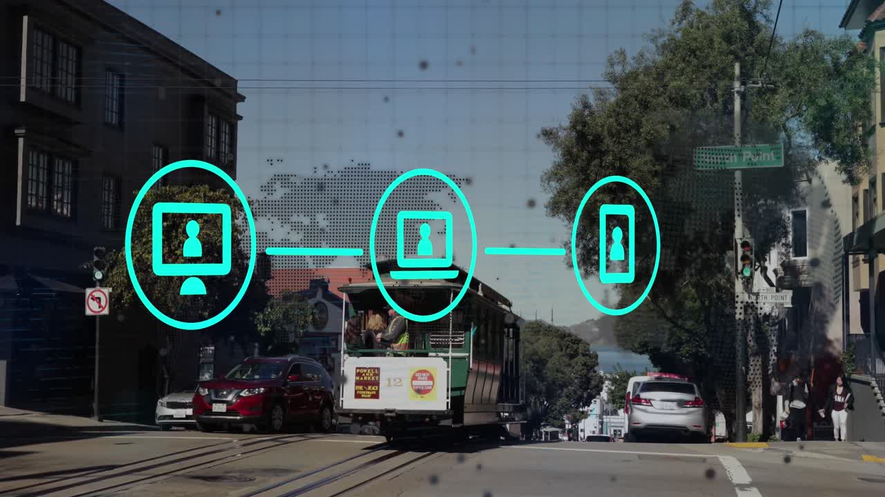 Animation of icons and data processing over cityscape