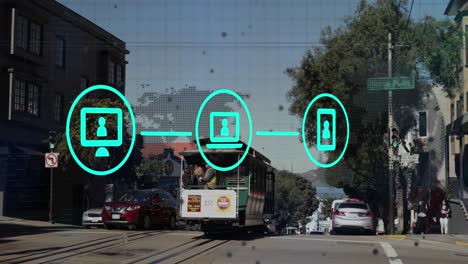animación de iconos y procesamiento de datos sobre el paisaje urbano