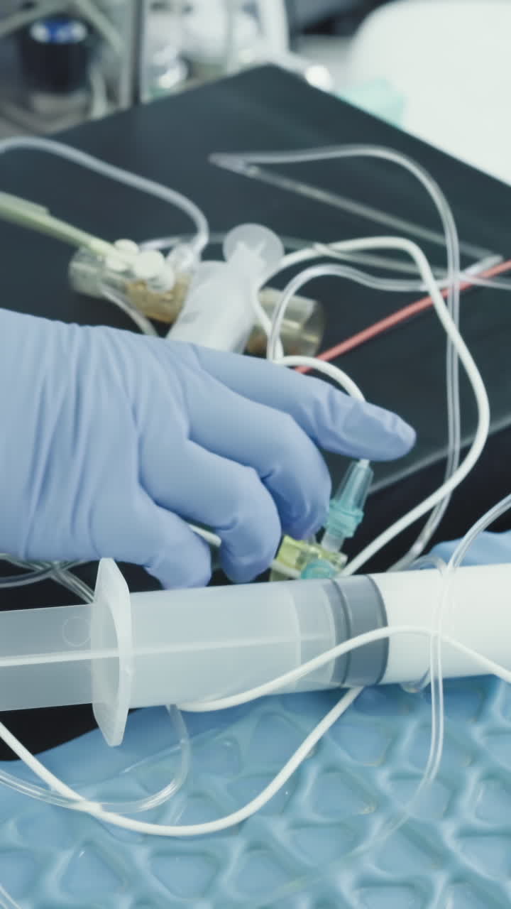 limpiar las manos de la enfermera quitar los dispositivos. el trabajador médico responsable coloca las partes de la cámara de goteo en la mesa limpieza de la sala de operaciones después de una cirugía exitosa