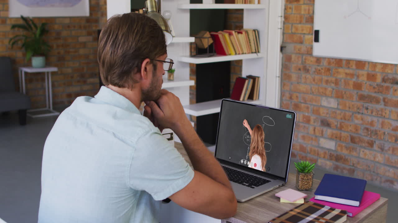 Caucasian male student using laptop on video call with female teacher