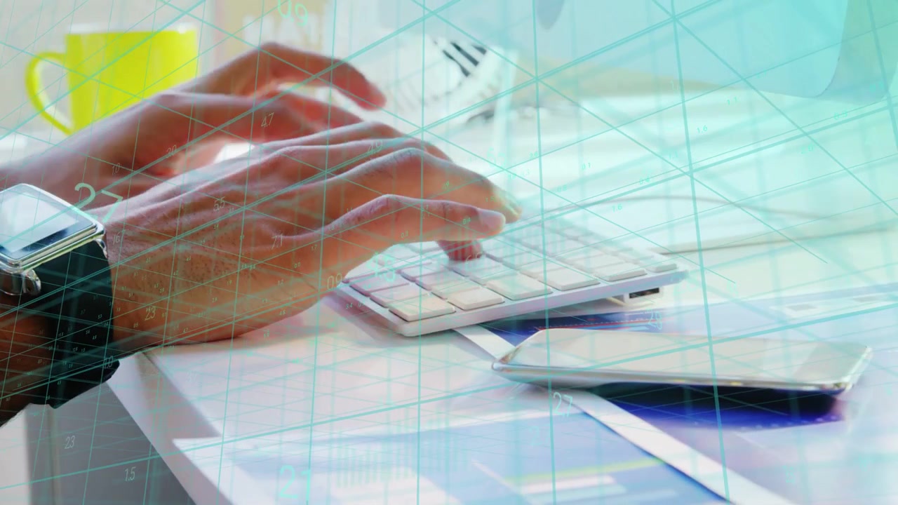 Hands initiating key presses, typing and shifting on keyboard while updating charts under teal grid