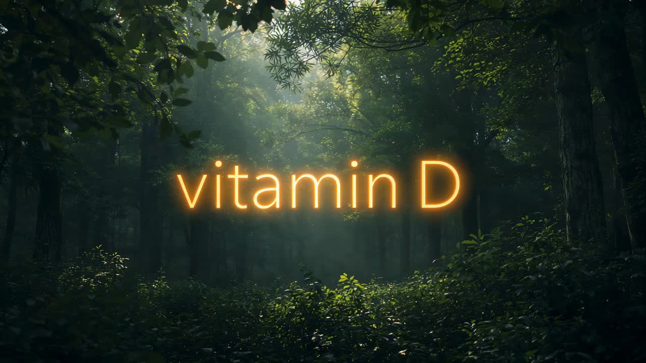 Shifting sunlight beams intensifying haze and brightening glowing vitamin D text in forest clearing