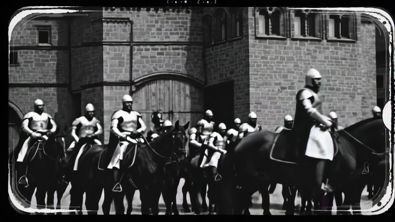 Medieval Soldiers on Horses Outside a Castle
