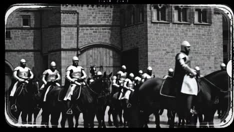 medieval soldiers on horses outside a castle